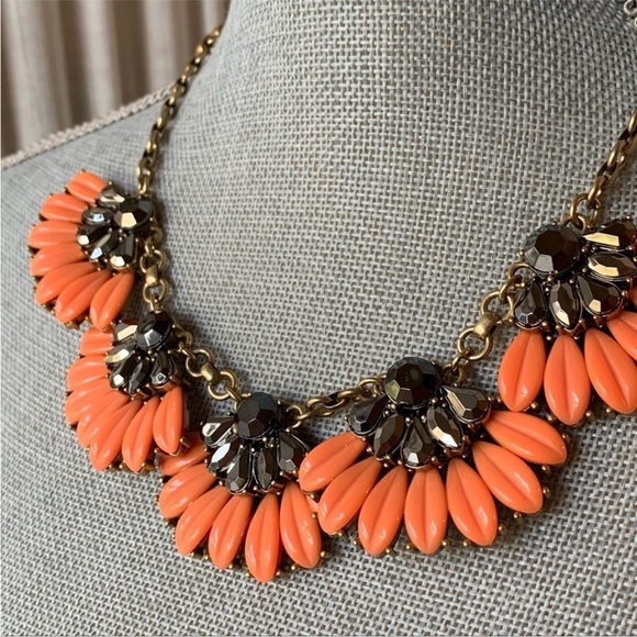 J. Crew Coral and Gold Flower Rhinestone Necklace, Statement Necklace - Picture 5 of 16